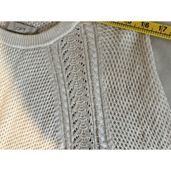 LOFT Basketweave Pointelle Shirttail Sweater - Cream/Ivory - Size Large - Picture 8 of 13